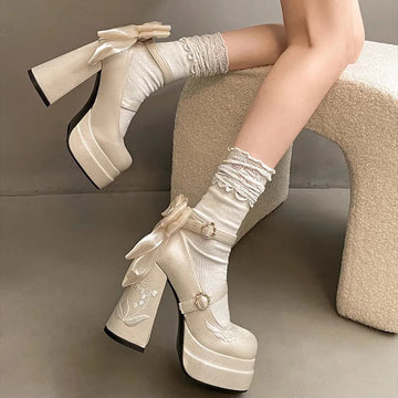 KYLETHOMASW  -  Pink Lolita High Heels Women's Pumps 2025 Cute Bow Round Ankle Straps Chunky Platform Mary Jane Shoes Embroidered Heels Women